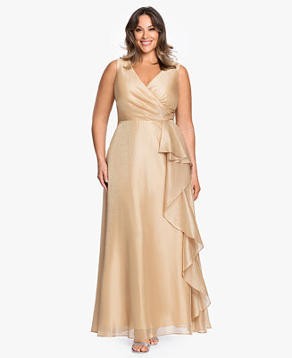 XSCAPE Plus Size V-Neck Jacquard Ruffle Gown - Macy's | Macy's