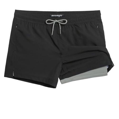 maamgic Mens Swim Trunks with Compression Liner Short Stretch Mens Bathing Suit Quick Dry Swimming Trunks Swimsuit Black Grey Medium | Amazon (US)