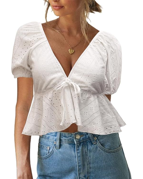 Remidoo Women's Puff Short Sleeve Tie Back V Neck Ruffle Hem Peplum Crop Tops | Amazon (US)