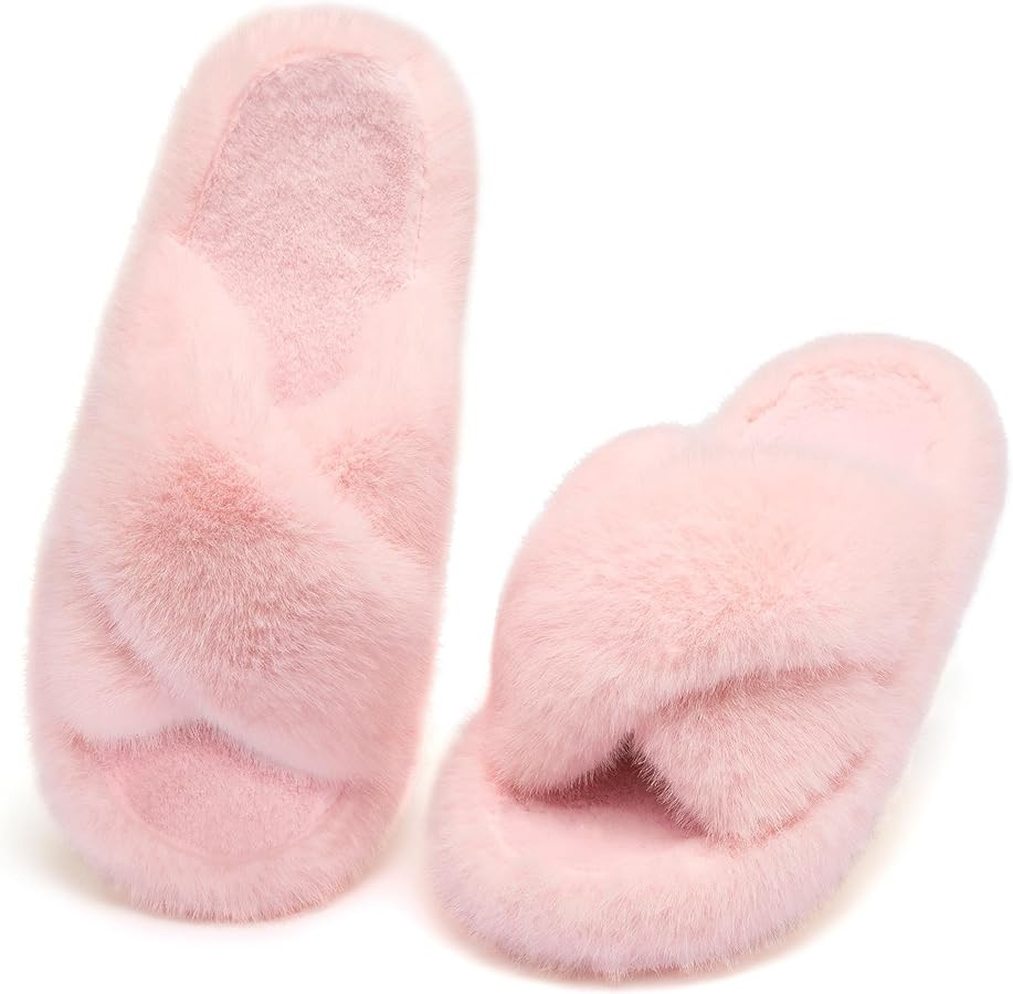 Women's Fuzzy Slippers Open Toe House Slippers Memery Foam Bedroom Slippers Cross Band Slippers f... | Amazon (US)