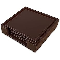 Chocolate Brown Leatherette 4 Square Coaster Set with Stitched Edging and Holder | Amazon (US)