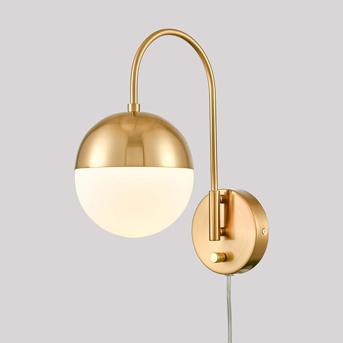 Modern Gold Wall Lamp Brass Finished Plug in Wall Light with Opal White Glass Shade Bathroom Vani... | Amazon (US)