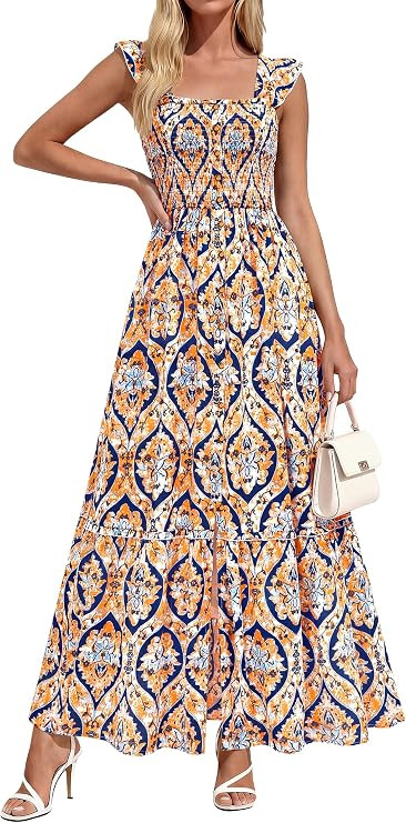 dowerme Womens Summer Maxi Dresses 2026 Casual Ruffle Sleeve Button Smocked Floral Slit Boho Dres... | Amazon (US)
