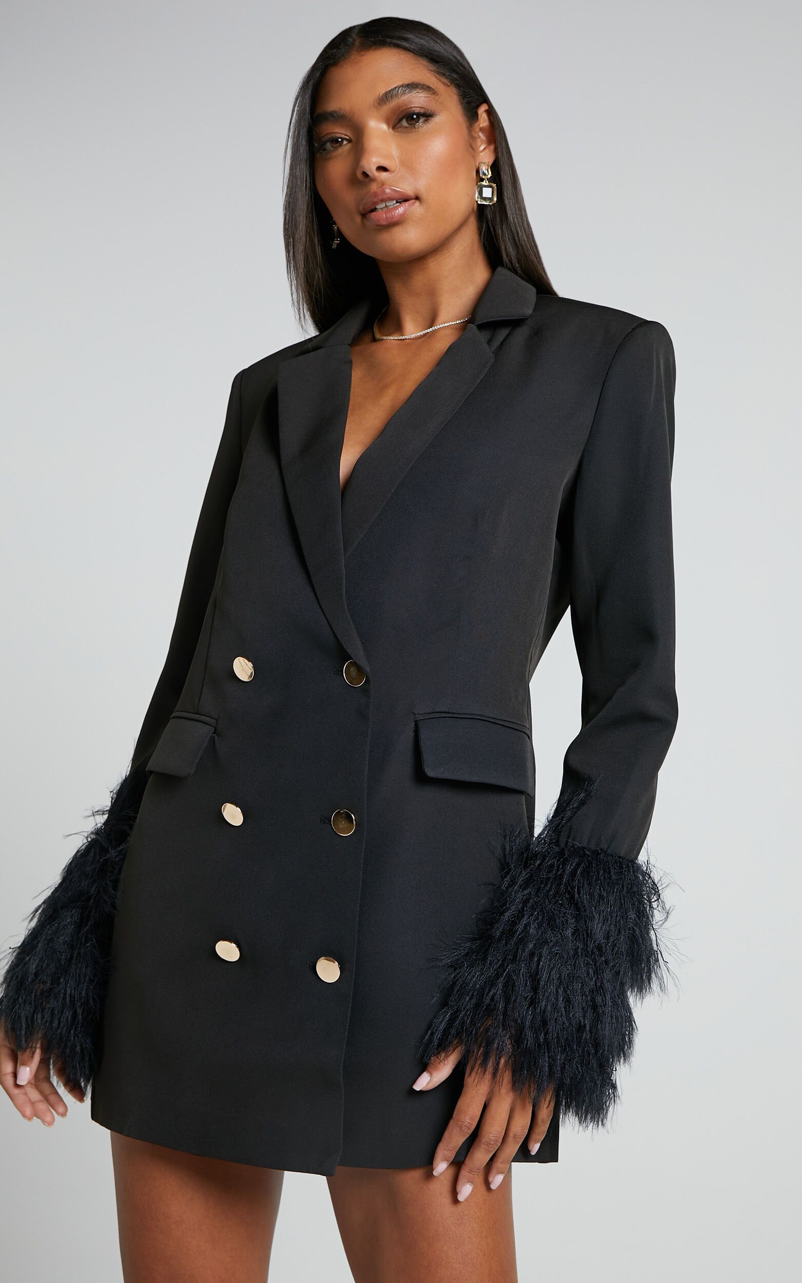 Rhaiza Mini Dress - Faux Feather Trim Double Breasted Blazer Dress in Black | Showpo (US, UK & Europe)