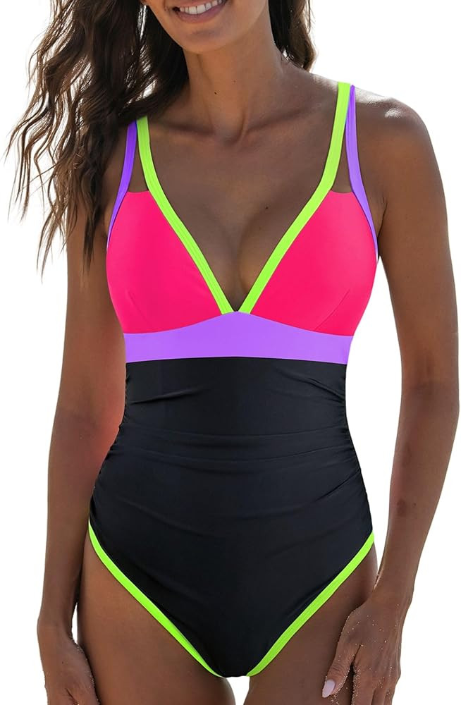 popvil Women's One Piece 2025 Tummy Control Swimsuits Neon Color Block Swimwear Deep V Neck Slimm... | Amazon (US)