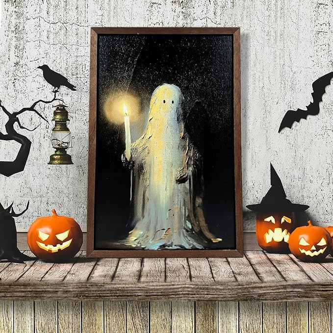 Halloween Decorations Wall Art Prints Ghost Holding A Candle Wooden Halloween Wall Art Framed Vin... | Amazon (US)