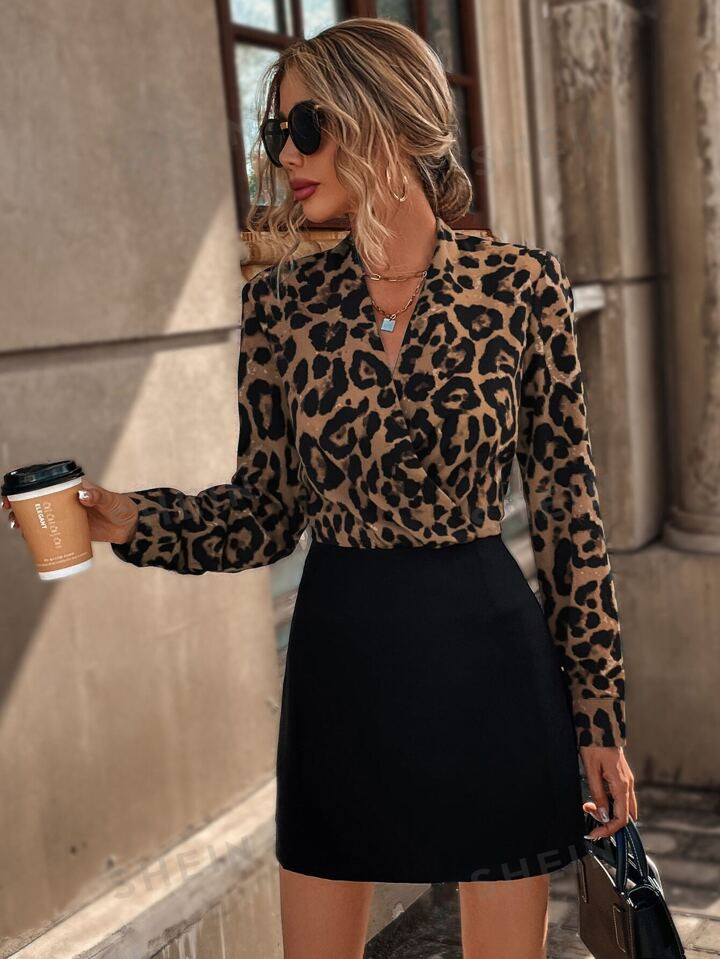 SHEIN LUNE Leopard Print Surplice Neck Fitted Dress | SHEIN