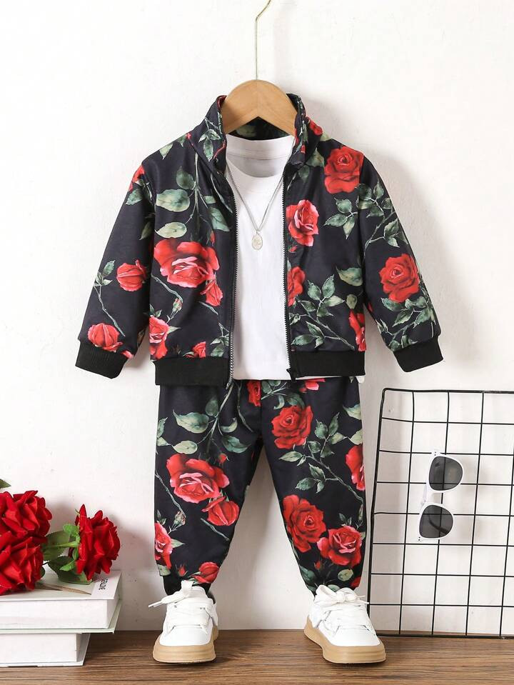 2pcs/set Baby Boys' Printed Rose Pattern Casual Jacket And Trousers Outfit | SHEIN