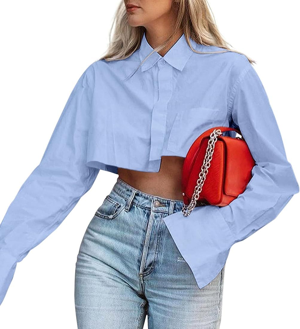 MISSACTIVER Women Solid Long Sleeve Button Up Crop Shirt Turn-Down Collar Irregular Loose Fitting... | Amazon (US)