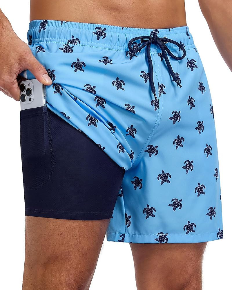 Mens Swim Trunks with Compression Liner, 7 Inch Quick Dry 2 in 1 Swim Shorts with Zipper Pockets ... | Amazon (US)