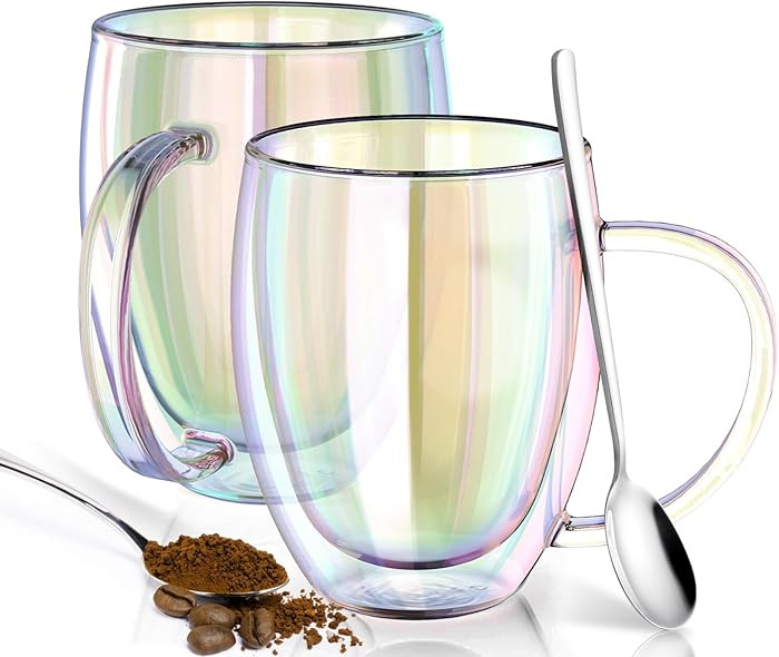 Double Wall Glass Coffee Mugs Set of 2, 12 Oz Coffee Mugs with Handle Clear Iridescent Glass Cups... | Amazon (US)