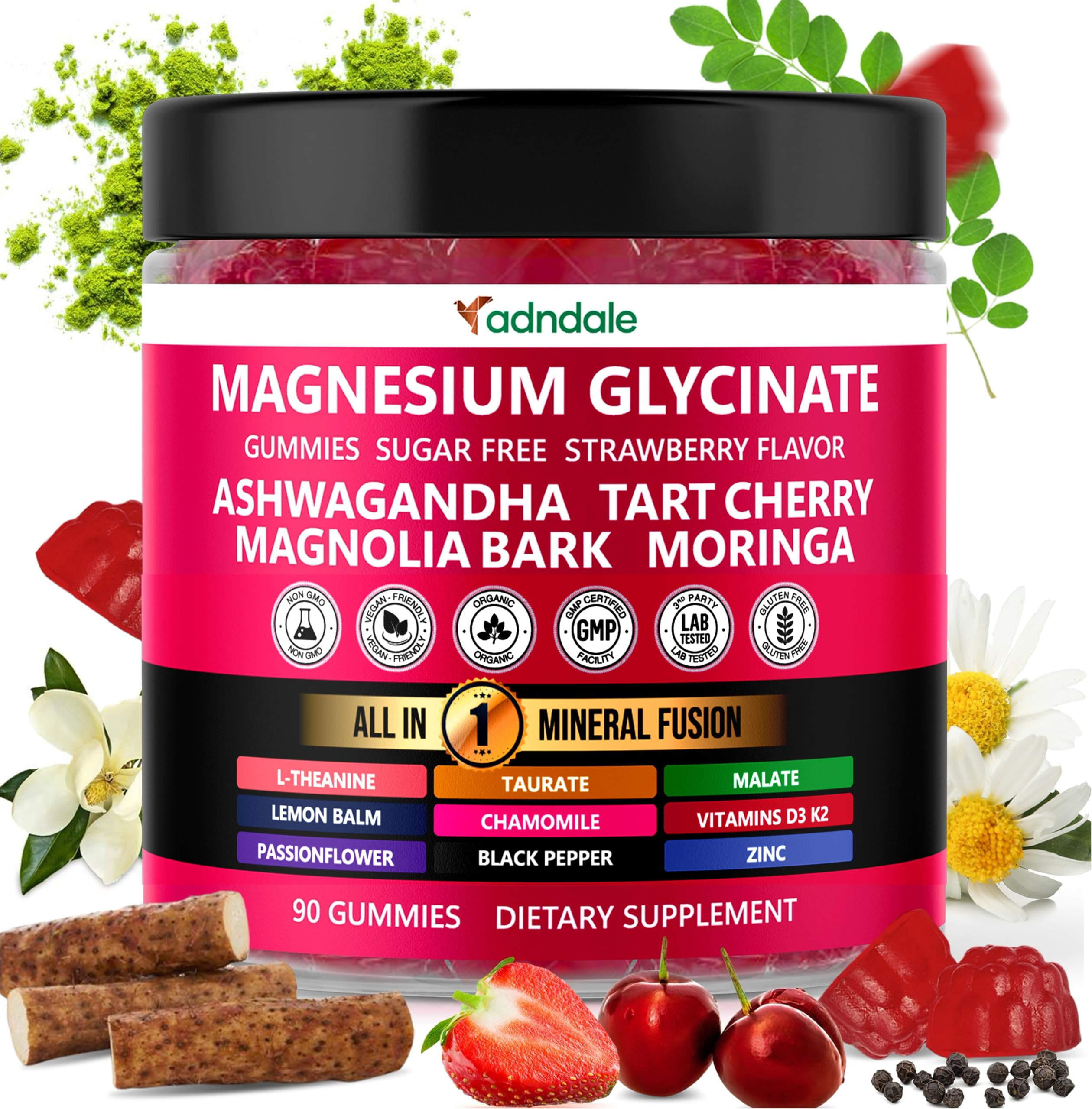 Adndale Magnesium Glycinate 400 mg Gummies with Ashwagandha, Magnesium Malate & Taurate, Tart Che... | Amazon (US)