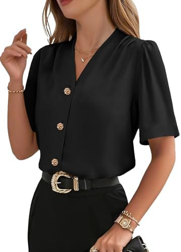 EVALESS Blouses for Women Dressy Casual Summer Short Sleeve Button Down Shirts Business Work Tops | Amazon (US)