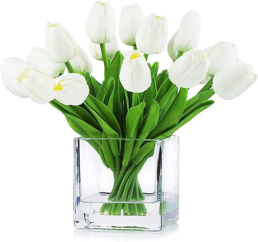 ENOVA HOME 20 Pieces Artificial Real Touch Tulips Flower Arrangement in Cube Glass Vase with Faux... | Amazon (US)