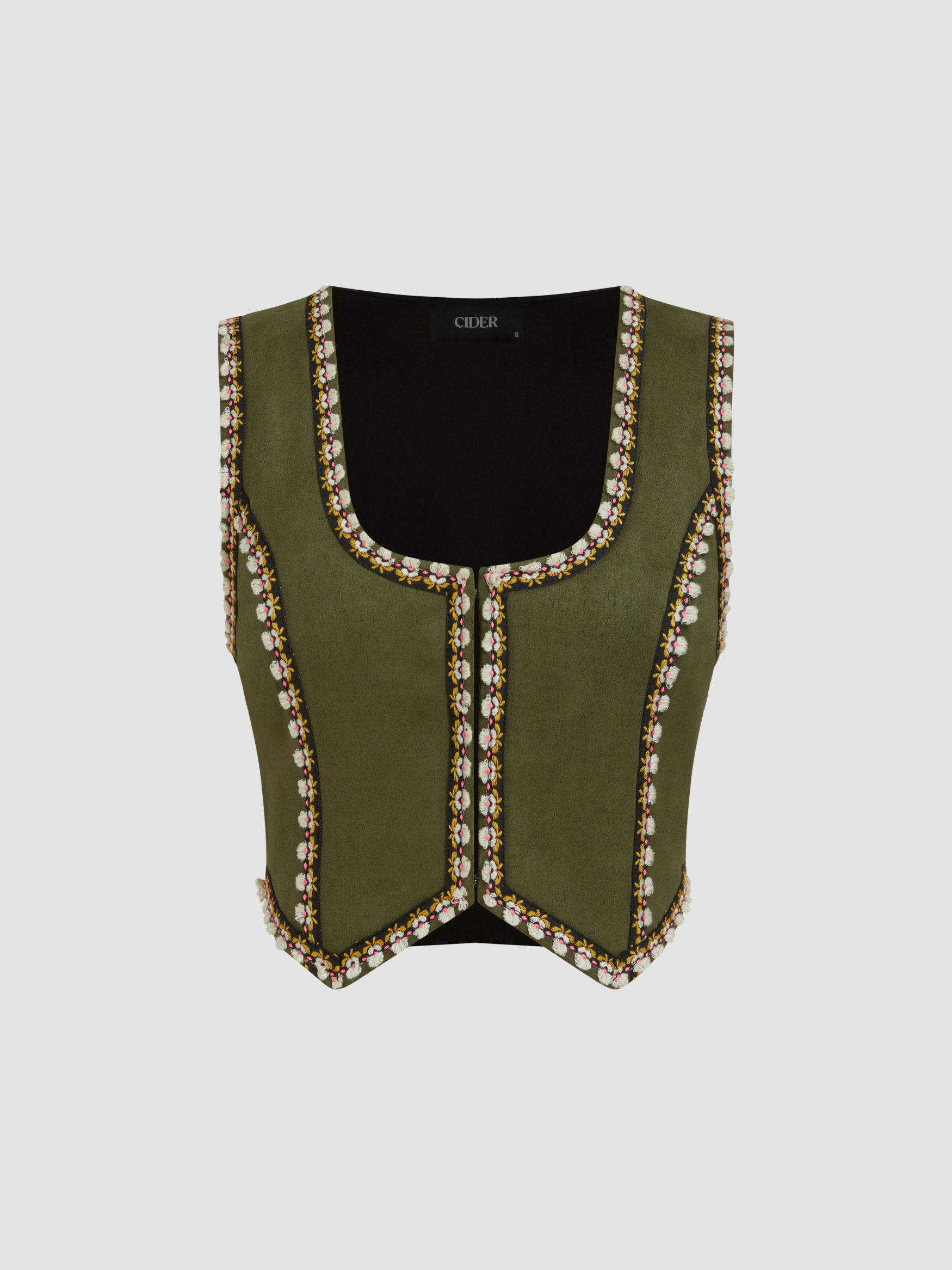 Suede Suede U-neckline Floral Embroidery Trim Crop Jacket Vest For Daily Casual | Cider