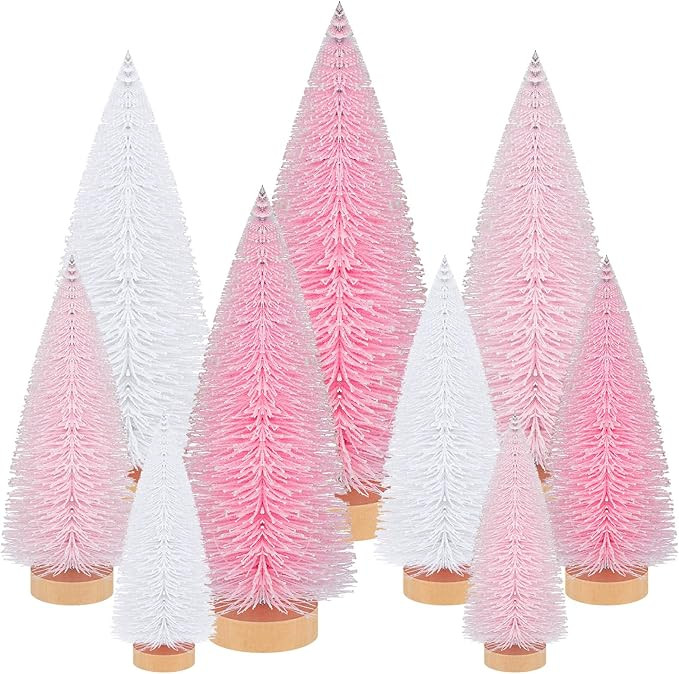 Leyndo 9 Pcs Pink Color Artificial Mini Christmas Tree Autumn Sisal Bottle Brush Trees with Wood ... | Amazon (US)