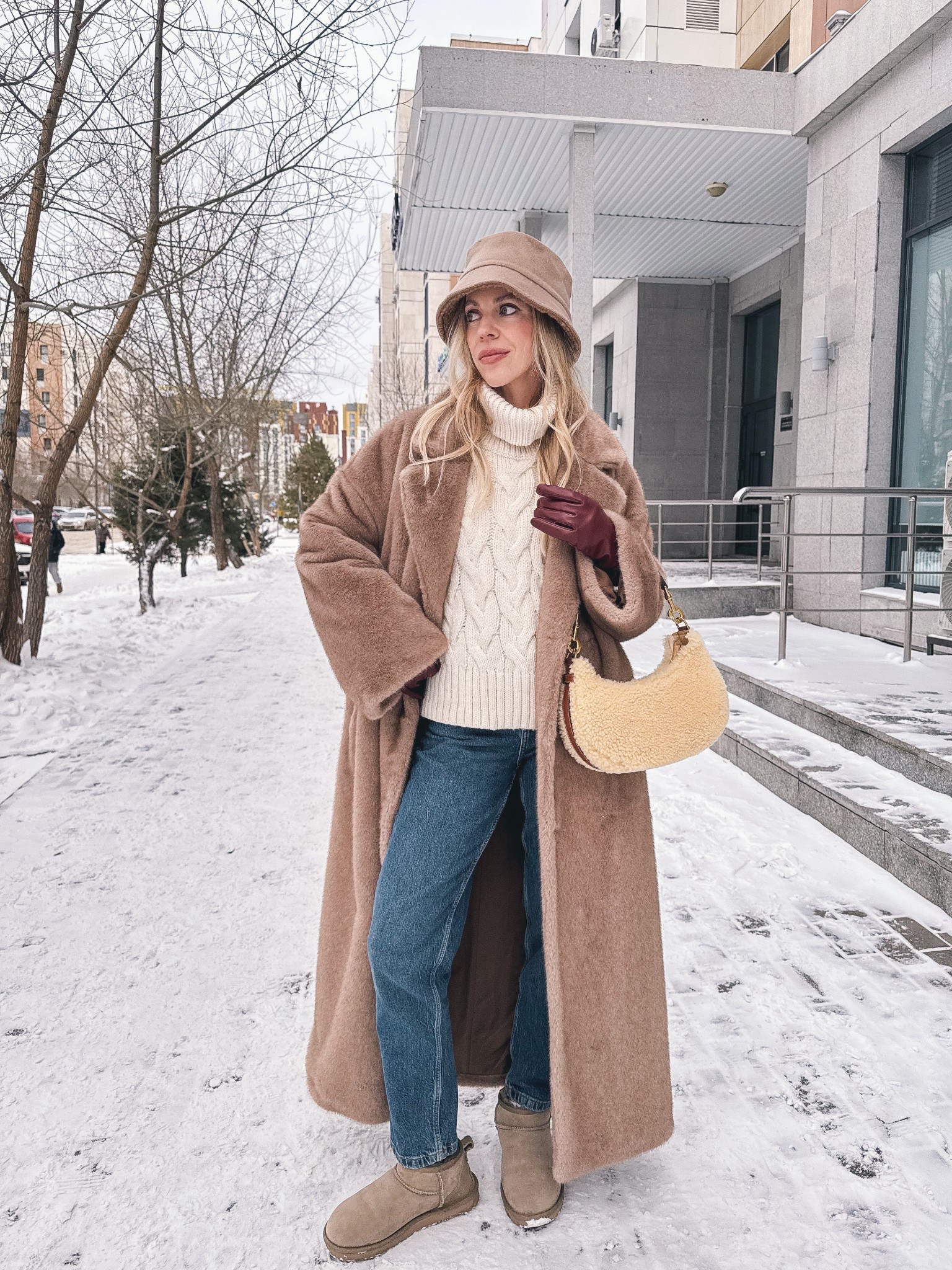 Camel beige fur coat, faux fur, cable knit sweater, shearling bucket hat, Zara mom jeans (under $50 and perfect with Ugg ultra mini boots!)

#LTKFindsUnder50 #LTKSeasonal #LTKOver40