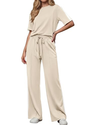 PRETTYGARDEN Women's 2 Piece Sets Summer Casual Short Sleeve Tops Wide Leg Pants Matching Lounge Set Vacation Travel Outfits (Beige,M) | Amazon (US)