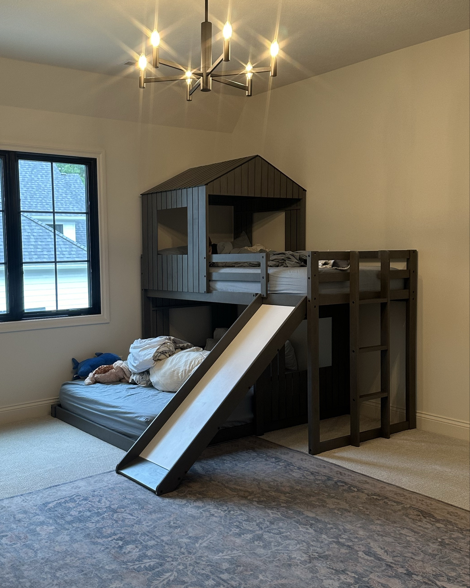 Bunk bed for my three year olds big boy room!  
Color is antique gray
It took about 4 hours to assemble 

#LTKKids #LTKHome