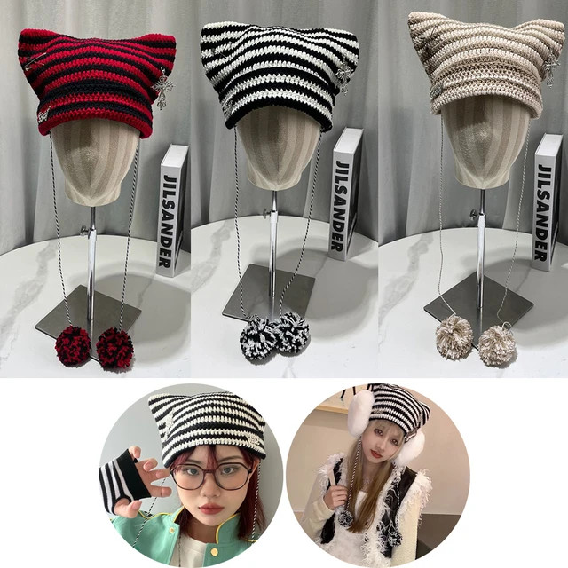 Y2k Harajuku Punk Gothic Knitted Cat Ear Hat Women Kawaii Fashion Designer Cross Pinwinter Beanie... | AliExpress (US)
