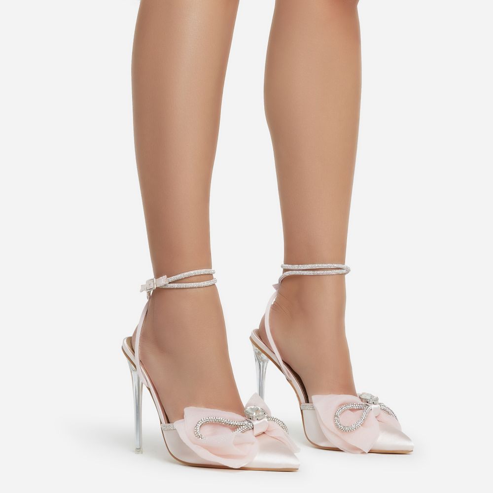 Chriselle Bow Detail Diamante Lace Up Clear Perspex Heel In Pink Satin | EGO Shoes (US & Canada)
