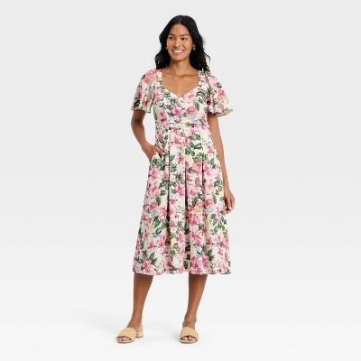 Women's Flutter Sleeve Belted Midi Dress - A New Day™ Pink/Green Floral 4 | Target