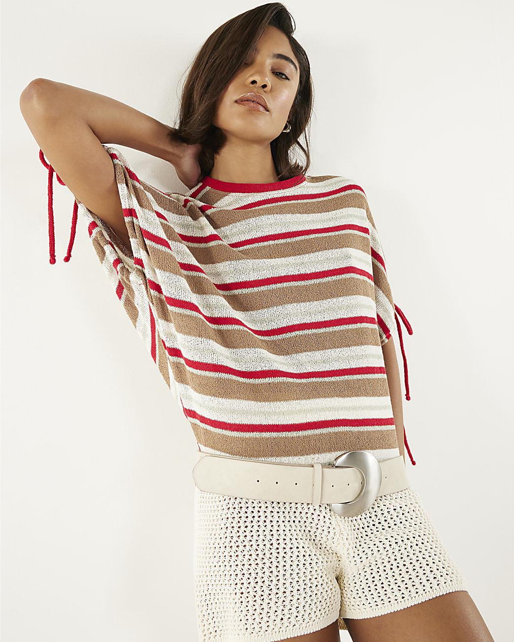 Cream Cotton Blend Striped Knitted T-Shirt | River Island UK & IE