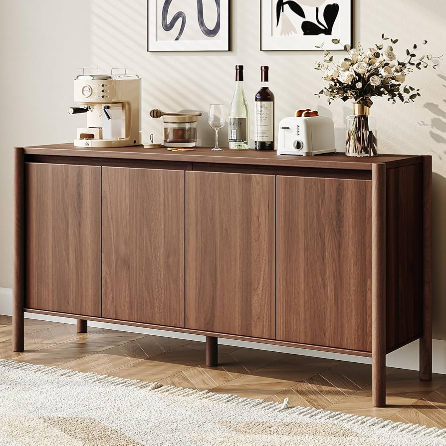 CHUWELL Walnut Sideboard Buffet Cabinet - 59" Mid Century Buffet Storage Cabinet with 4 Doors, Ad... | Amazon (US)