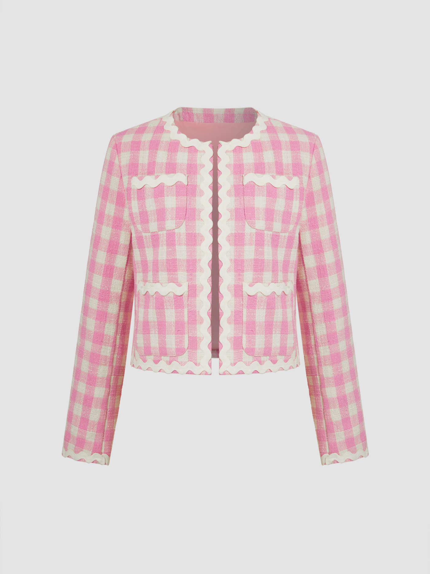 Tweed Round Neckline Gingham Pocket Contrasting Binding Jacket | Cider