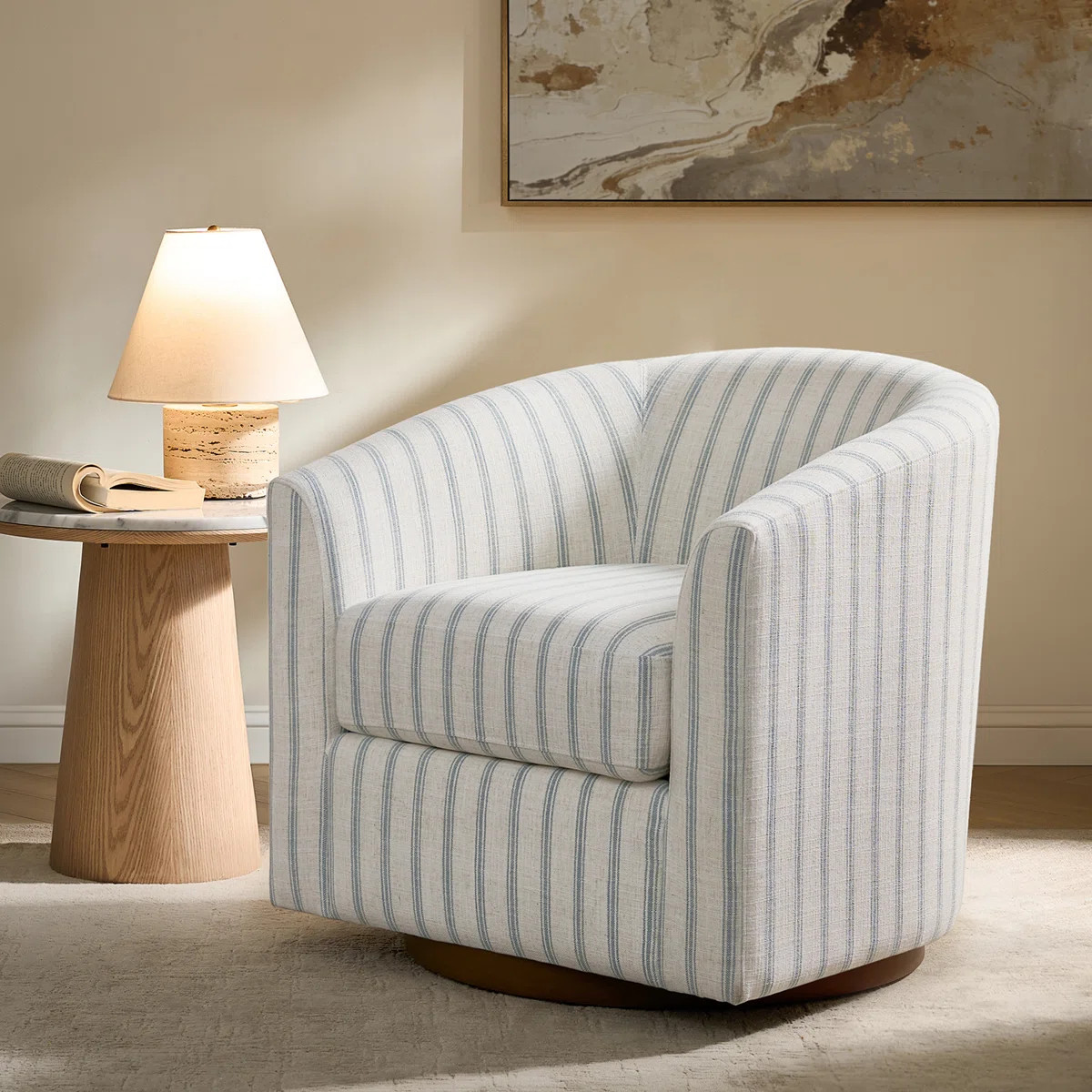 Amiir 30.5'' Wide Modern Upholstery Swivel Barrel Chair with Solid Wood Base | Wayfair North America