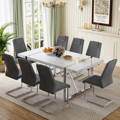 Neithen 8 - Person Dining Set, Modern Rectangular Dining Table Set with 8 Luxury Faux Leather Dining Chairs | Wayfair North America