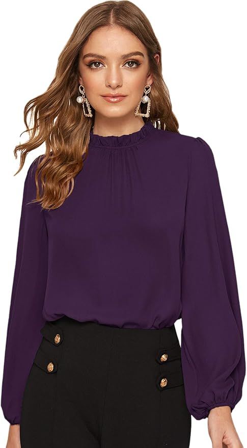 Floerns Women's Long Sleeve Stand Collar Lace Chiffon Blouse Top | Amazon (US)