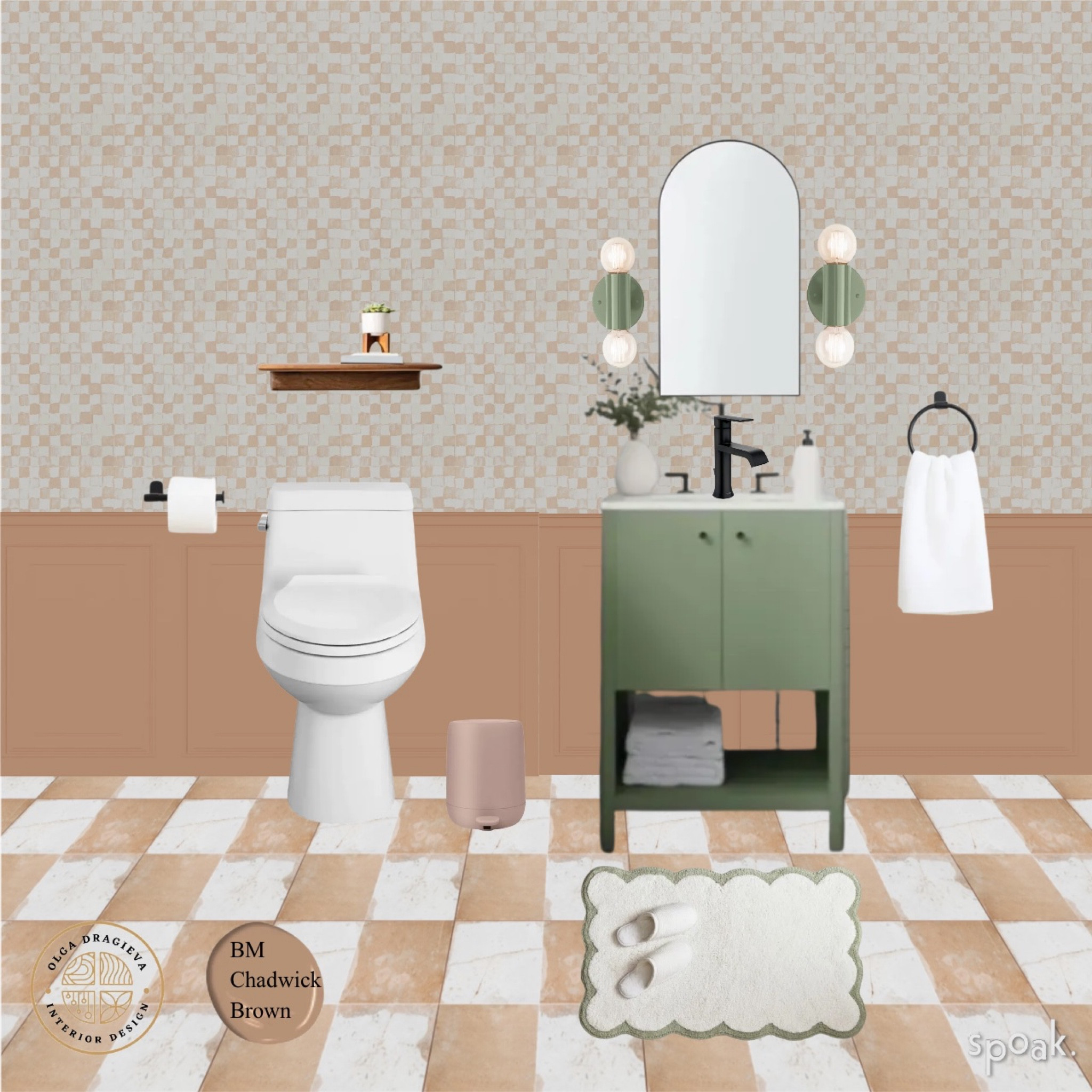 Checkered bathroom! Checkered wallpaper from Lulu and Georgia, green bathroom vanity and arched mirror from West Elm, green sconces from Schoolhouse. I love the scalloped bath mat from Pottery Barn. Checkered tile from Home Depot. 

#LTKSeasonal #LTKhome #LTKstyletip