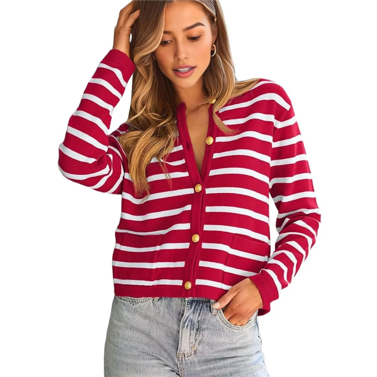 Women's Lightweights Button Down Long Sleeve Casual Crew Neck Soft Knit Cardigan Sweater Tops Red... | Walmart (US)