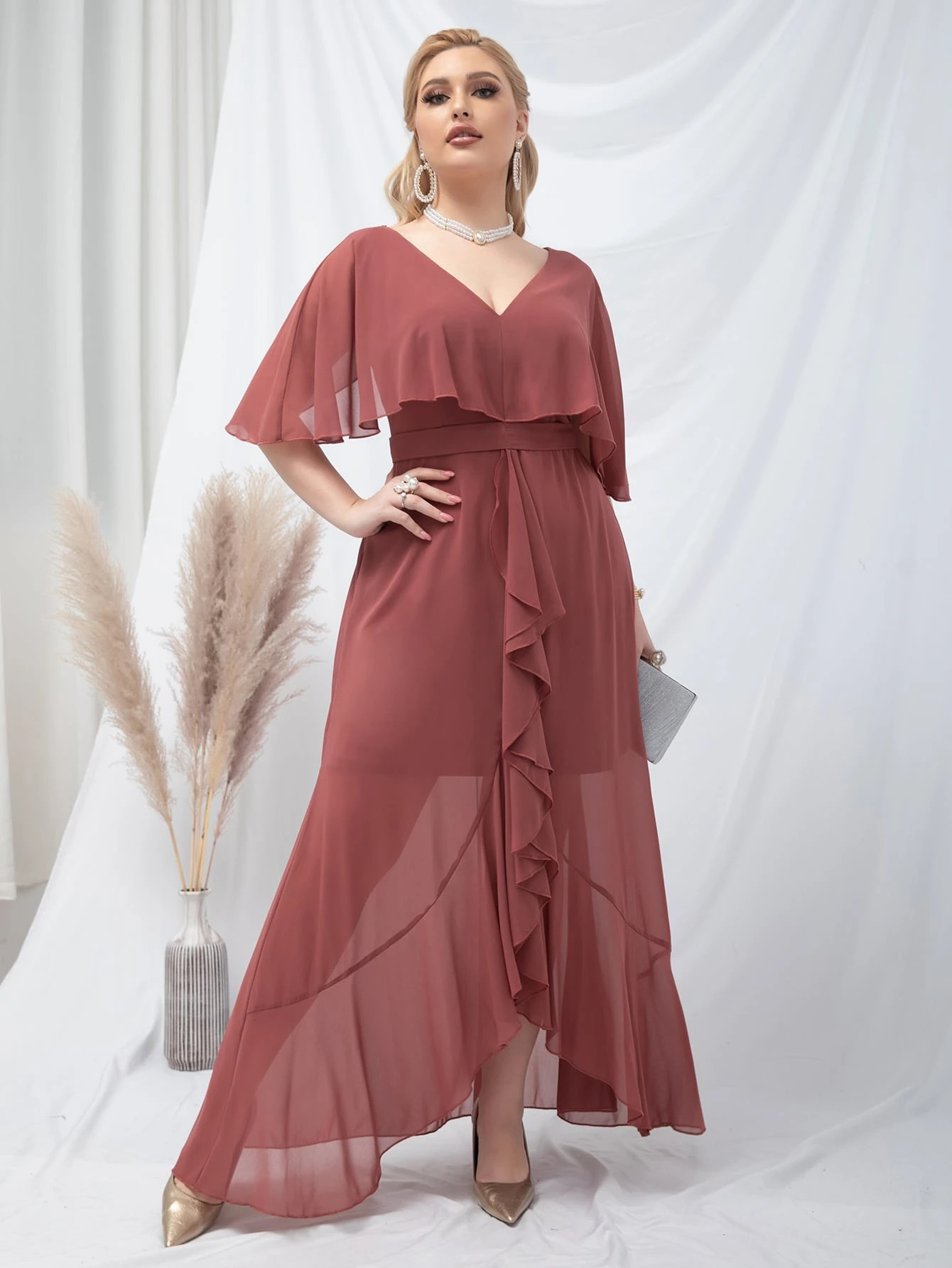 Plus Tie Back Ruffle Trim Wrap Chiffon Prom Dress | SHEIN