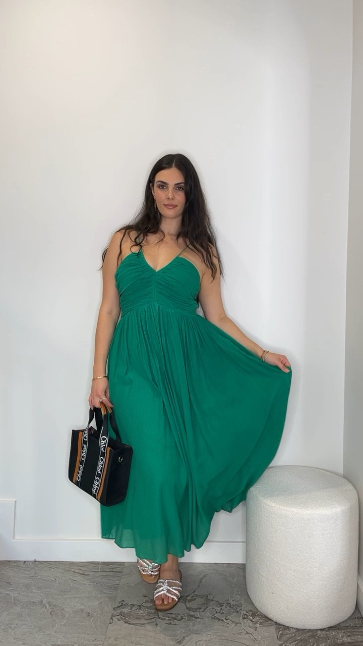 Love this bright flowy emerald green sundress with strappy halter neckline! Wearing size 12AU! Prettiest sparkle / diamanté flat sandals - a must have for holiday in Italy! 

#LTKstyletip #LTKmidsize #LTKshoecrush