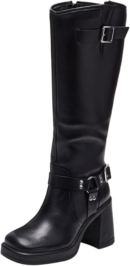 FOWT Women Plarform Square Toe Knee High Boots Chunky Block High Heel Riding Boots Fashion Buckle... | Amazon (US)