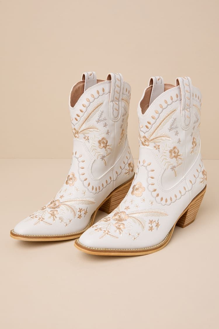 Edeline White Embroidered Pointed-Toe Western Ankle Boots | Lulus
