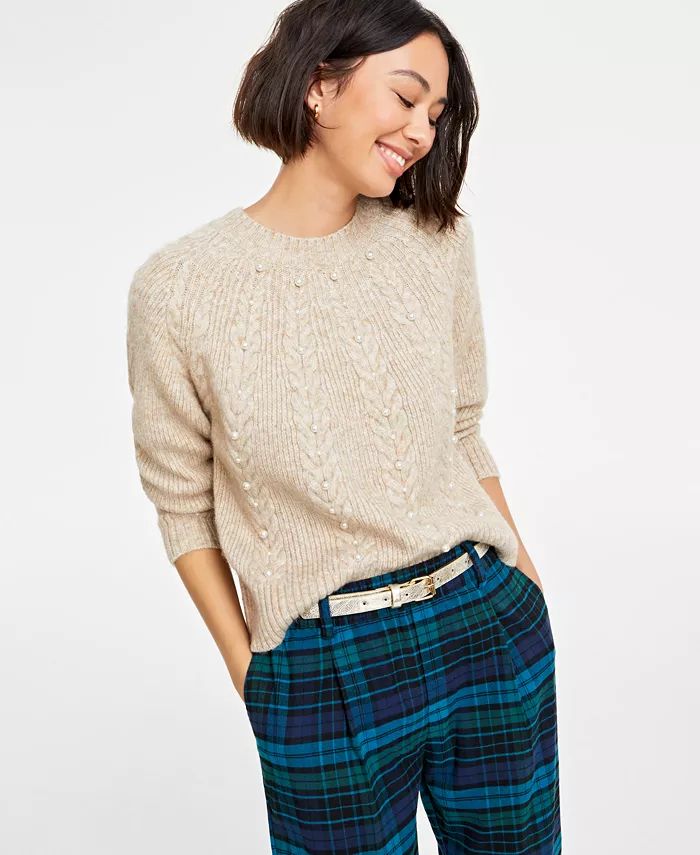 Women's Imitation-Pearl Embellished Crewneck Sweater, Created for Macy's | Macy's
