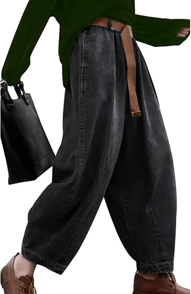 YESNO Women Casual Cropped Denim Bloomers Wide Leg Harem Trousers Baggy Jeans Pants Elastic Waist... | Amazon (UK)
