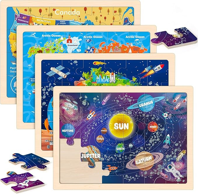 Wooden Puzzles for Kids Age 3 4 5 Year Old, 4 Pack 24 Pcs Toddler Jigsaw Puzzles for Girl Boy Geo... | Amazon (US)