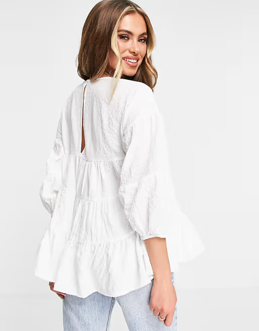 ASOS DESIGN tiered textured smock top in ivory | ASOS (Global)