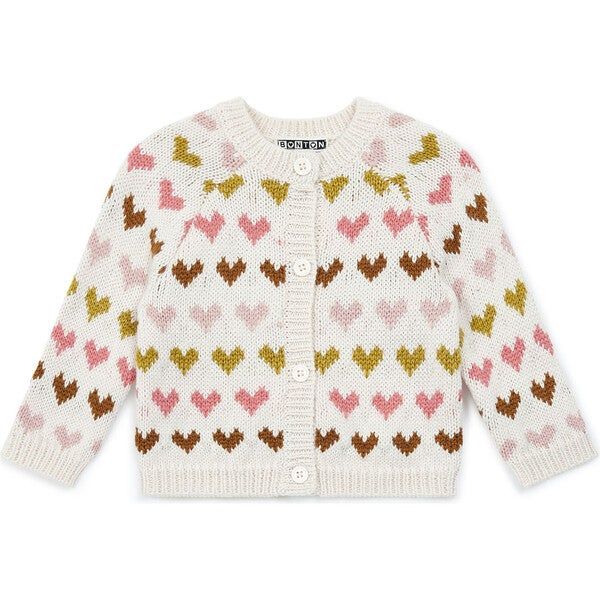 Knit Allover Hearts Baby Cardigan, Cream | Maisonette