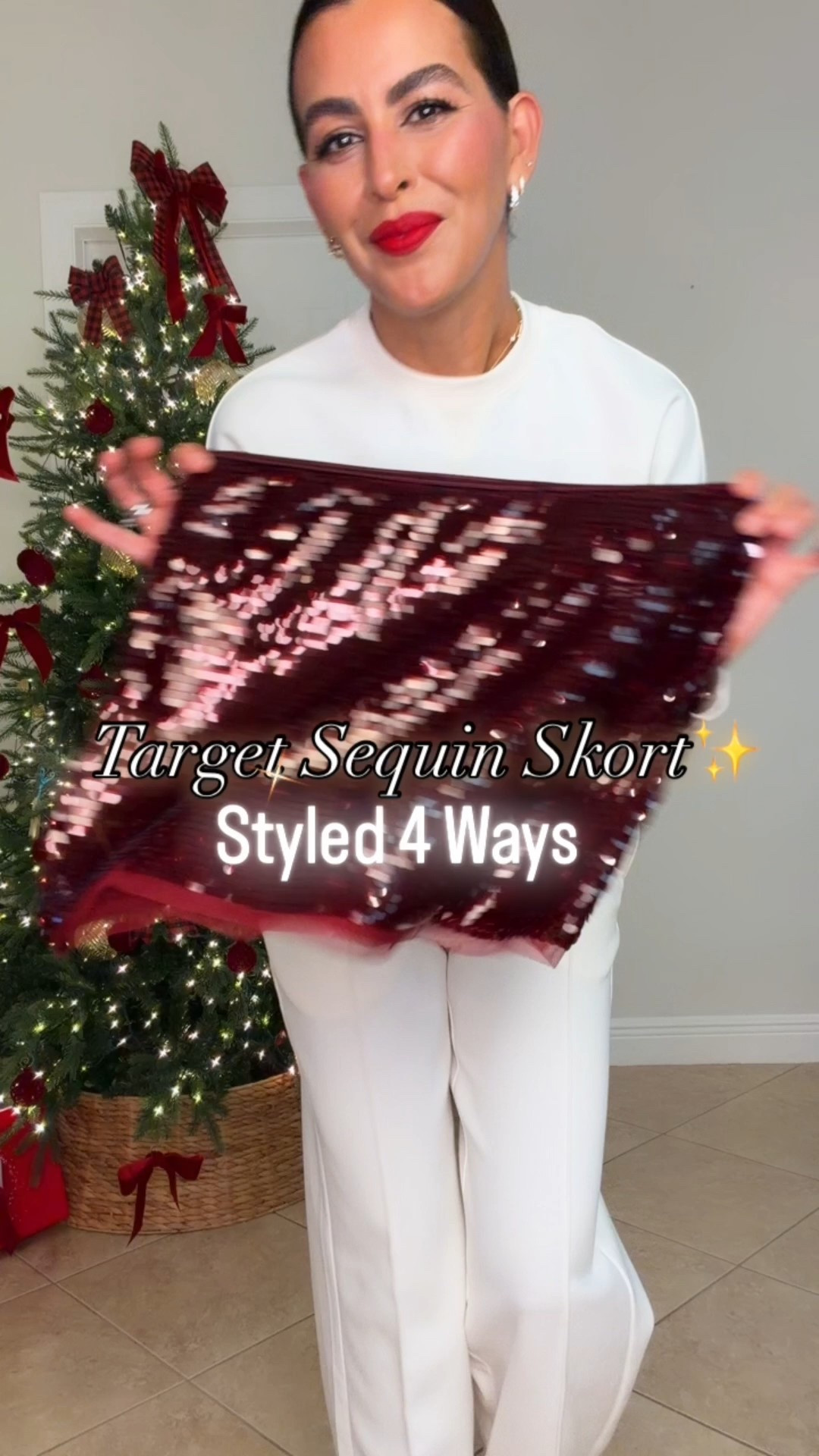 🎁All details and sizing⬇️
Size S in the skort, has stretch. 
Size M in the sweater.
Size 6 in blazer.
Shoes are tts. 💋 color is Ruby woo.
Holiday season, sparkle, party outfits, new years outfit .
I’m 5’7” about 130 pounds size S

#LTKGiftGuide #LTKHoliday #LTKFindsUnder50