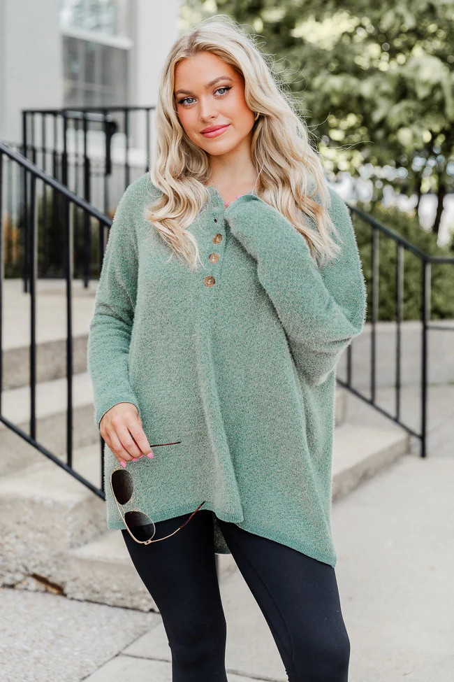 Thinking Of You Olive Fuzzy Henley Blouse | Pink Lily