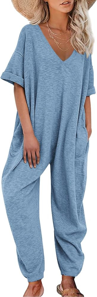 Nirovien Women's Solid Color V Neck Jumpsuits Half Sleeve Long Rompers Beam Foot Baggy Overalls P... | Amazon (US)