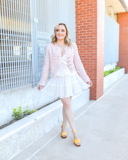 Love this girly outfit! Tweed pastel jacket, white lace top and white lace skirt are from LoveShackFancy and shoes are Katy Perry collections!

#loveshackfancy #katyperry #katyperryshoes #katyperrycollections #girlystyle #preppystyle #peppyoutfit #tweedjacket #whiteskirt #whitelaceskirt #whitetop #whitelacetop #girlyfashion #preppyfashion #summer #summeroutfit #springstyle #spring 

#LTKSeasonal #LTKShoeCrush #LTKStyleTip