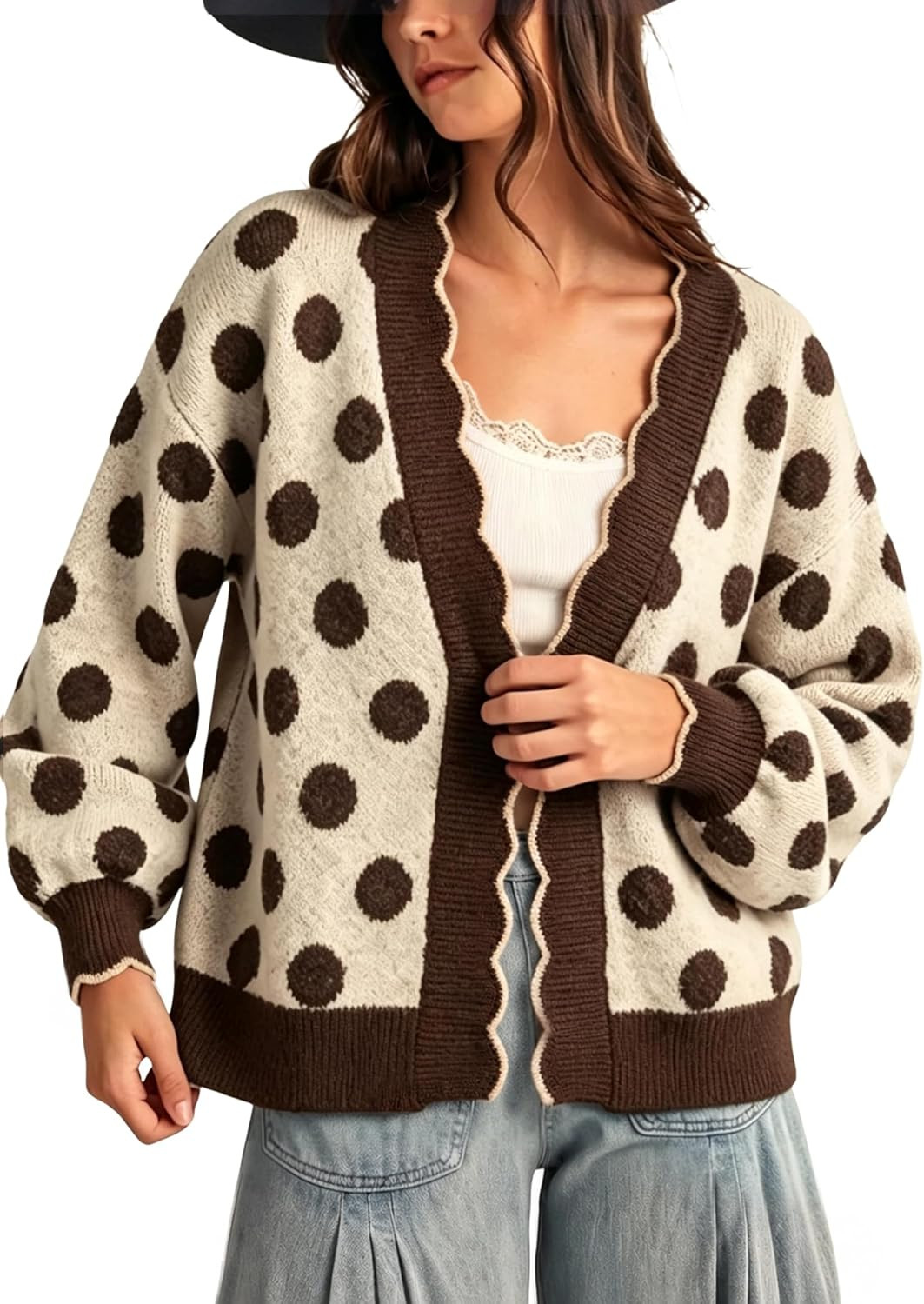 Yeokou Women's Polka Dot Cardigan Sweater Open Front Scalloped Trim Top | Amazon (US)