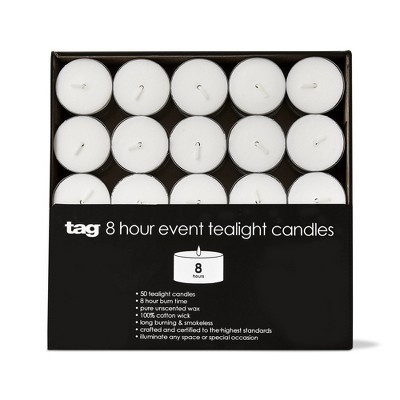 tagltd 8 Hour Event Tealight Candles Set of 50 White Wax Tea Lights for Everyday Use Burn Time 8 Hours 0.88 in H x 1.5 in Dia | Target