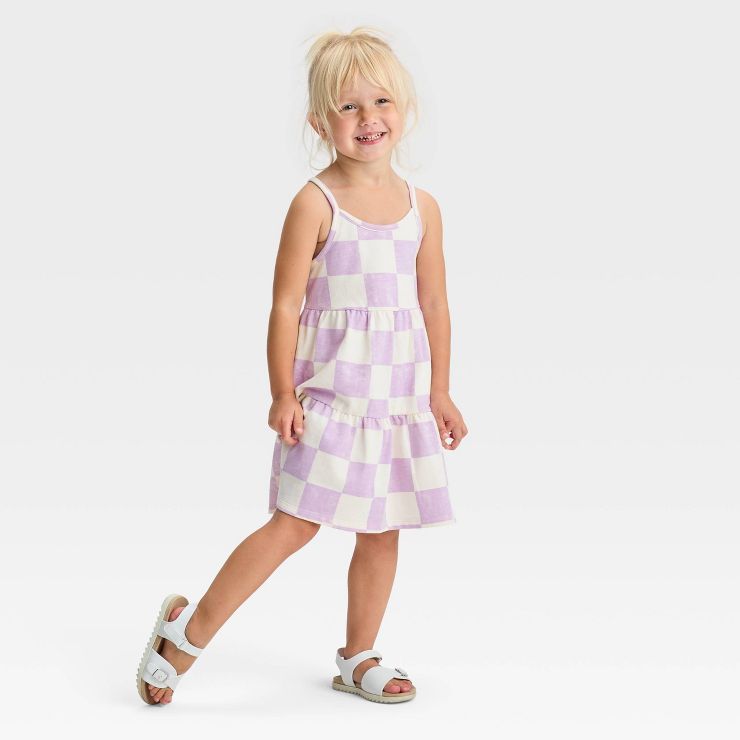 Grayson Mini Toddler Girls' Checkered French Terry Tiered Sleeveless Dress - Purple | Target